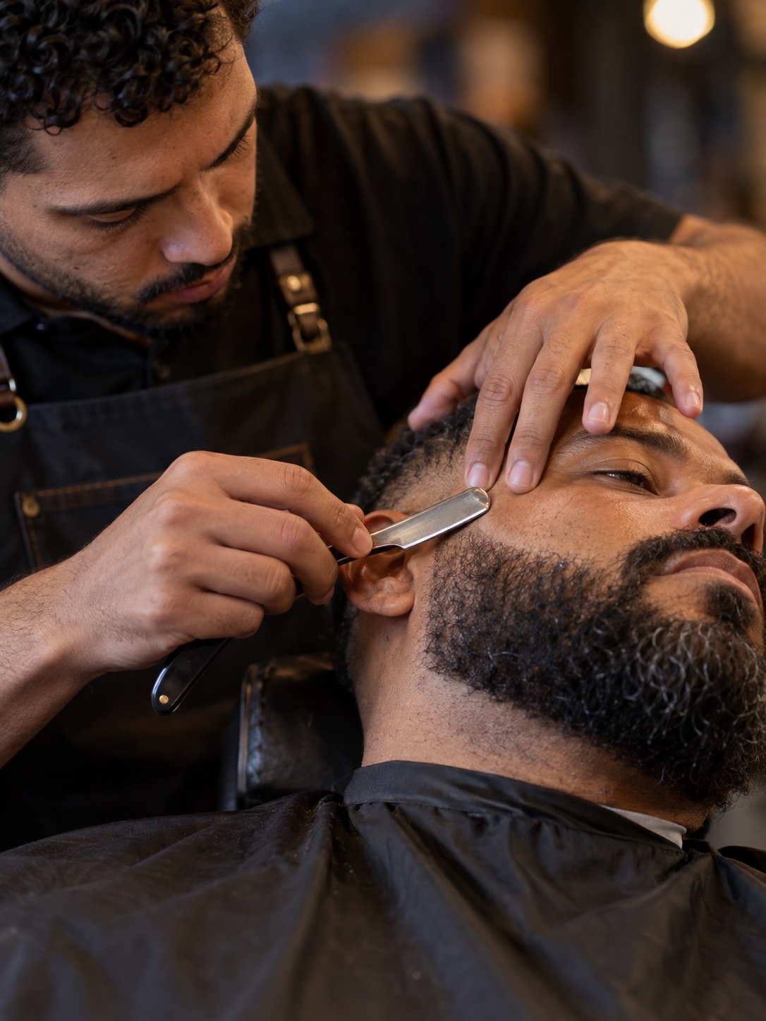 Barbeiro desenhando o contorno da barba com navalha